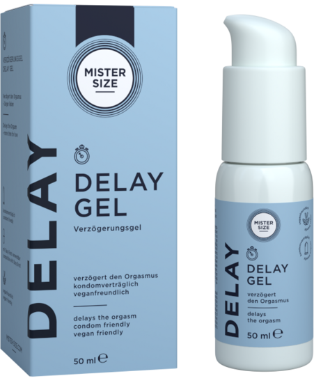 "Mister Size Delay Gel" dėžutė ir buteliukas su pompa
