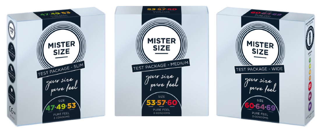 Trys skirtingos "Mister Size" prezervatyvų testų pakuotės